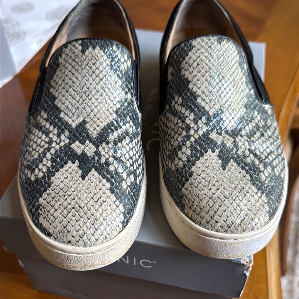 Vionic Black and Cream Snakeskin Slip-Ons